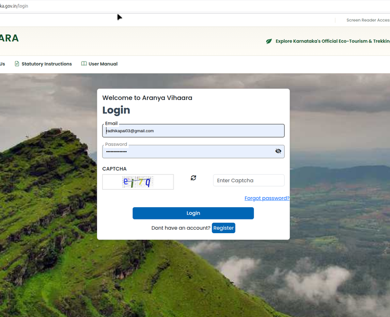 Step 1: Login / Register on https://aranyavihaara.karnataka.gov.in/