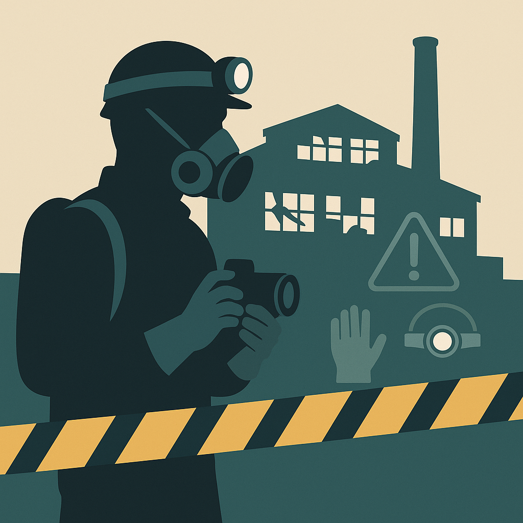 Flat-style illustration of an urban explorer wearing a head-lamp, respirator and gloves in an abandoned warehouse