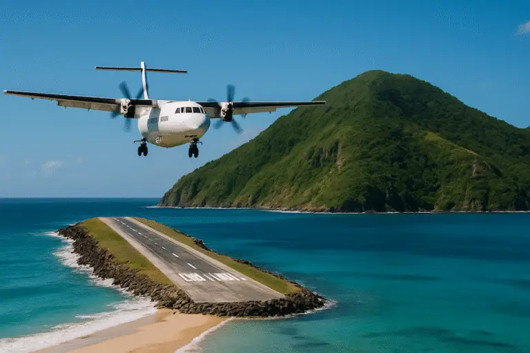 Twin-engine turboprop descending onto a narrow island runway surrounded by turquoise water and lush cliffs