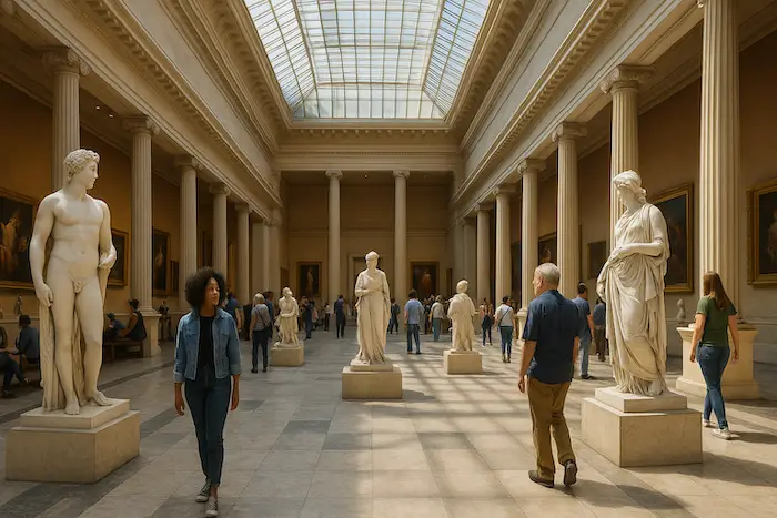 Grand museum hall with classical statues, skylight ceiling and visitors admiring free exhibits