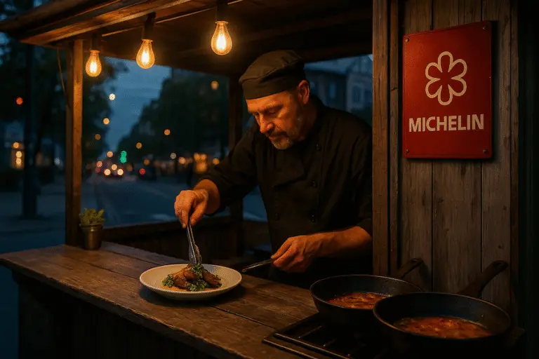 Street-food chef plating a Michelin-star dish at a wooden night stall under warm Edison bulbs