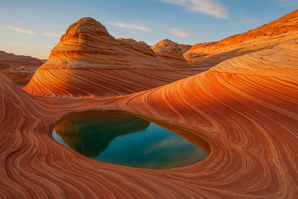 Wave-like sandstone formations and a turquoise pool under golden light in a remote desert landscape