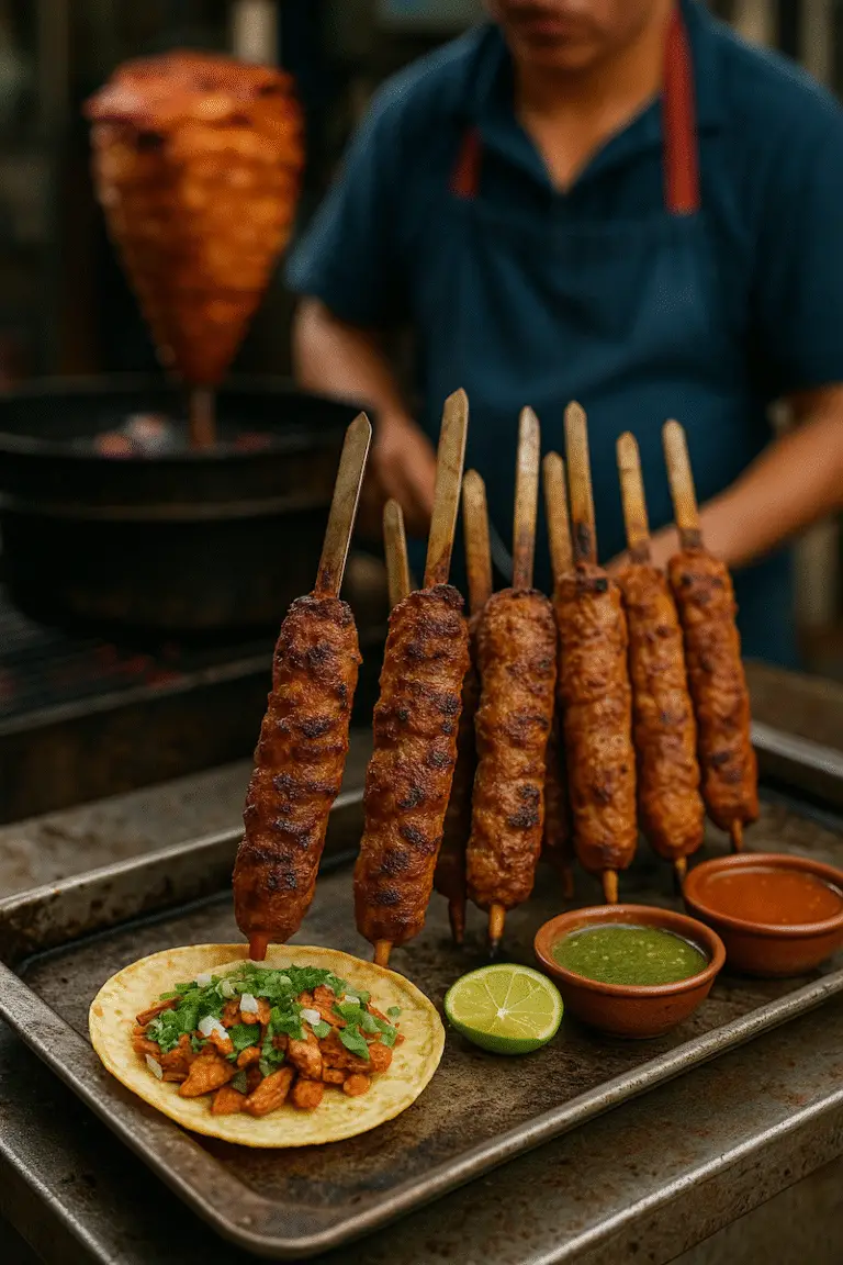Street-food chef grilling skewers and plating tacos at an outdoor night stall