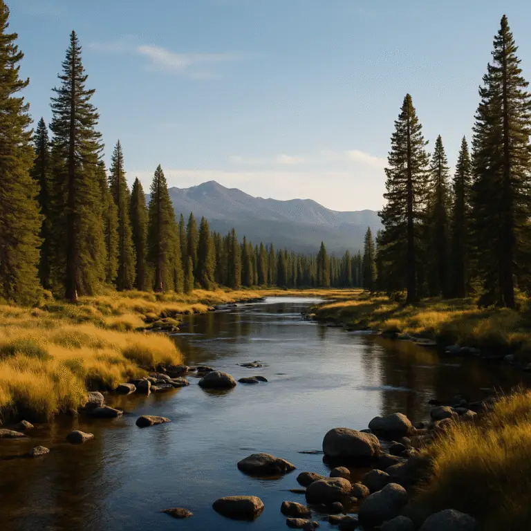 Remote river winding through evergreen forest and golden meadows beneath distant mountains in an uncrowded national park