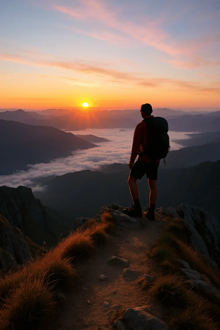 Hiker standing on a narrow mountain ridge at sunrise, overlooking cloud-filled valleys