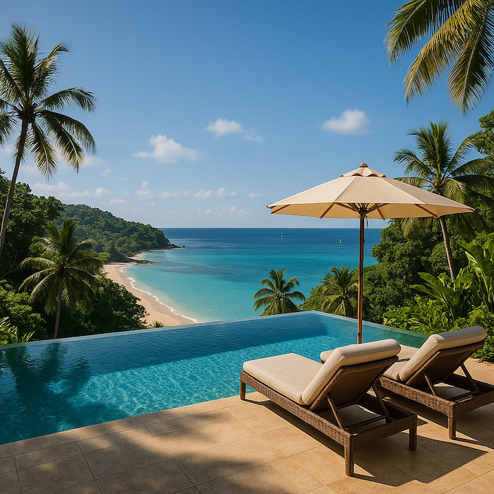 Infinity pool overlooking a turquoise tropical bay with palm trees and two sun-loungers under an umbrella