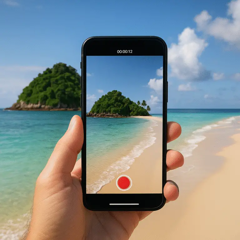 Smartphone filming a pristine tropical island with turquoise water, white sand and lush greenery—ready to go viral on social media