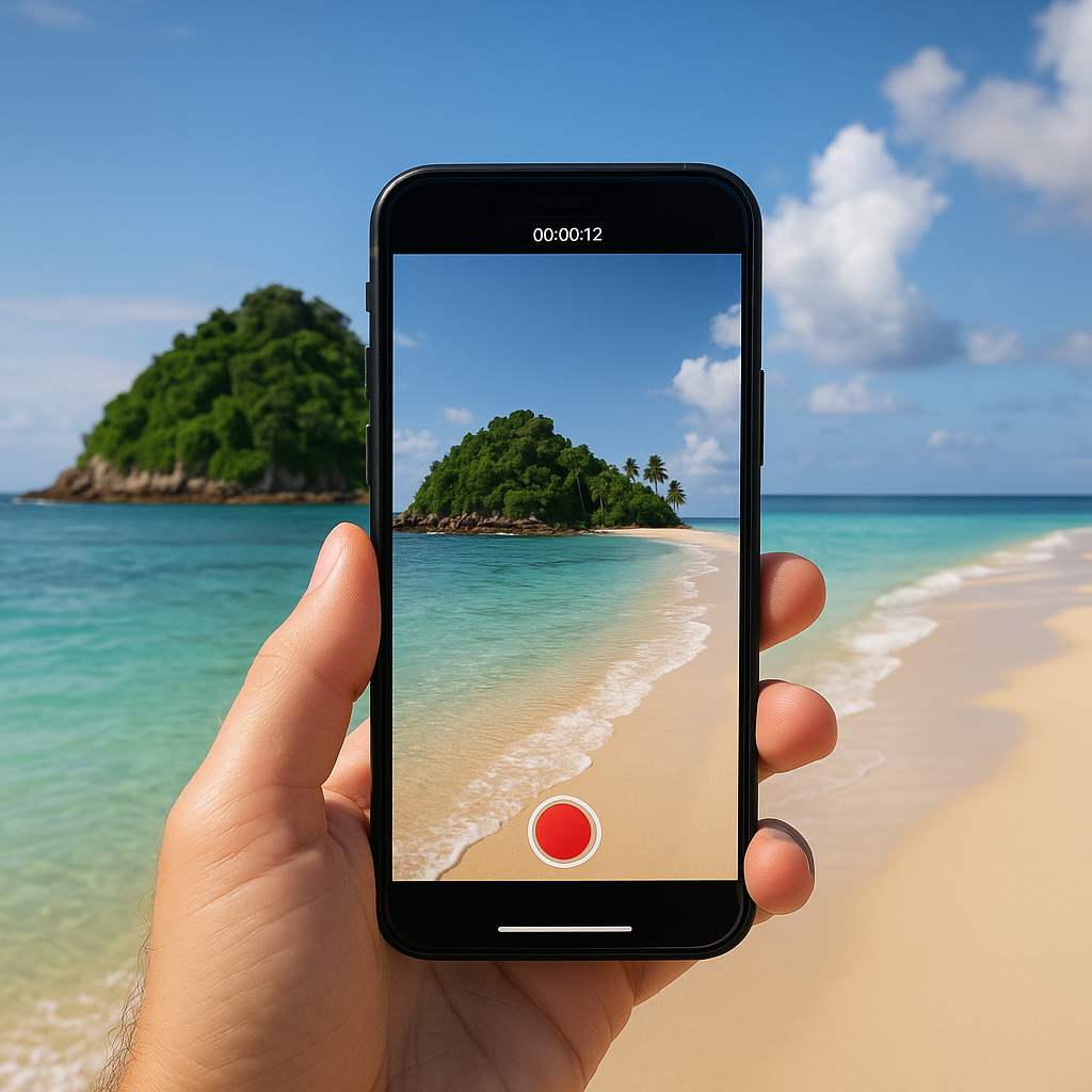 Smartphone filming a pristine tropical island with turquoise water, white sand and lush greenery—ready to go viral on social media
