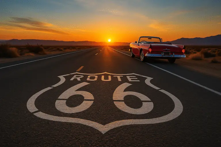 Classic Route 66 shield painted on the asphalt with a vintage red convertible driving toward a desert sunset