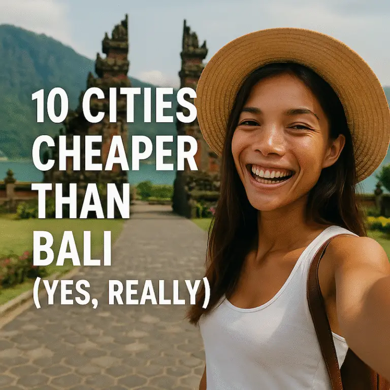 Smiling traveler in a straw hat taking a selfie at Bali’s iconic Candi Bentar gate with mountains and lake behind her