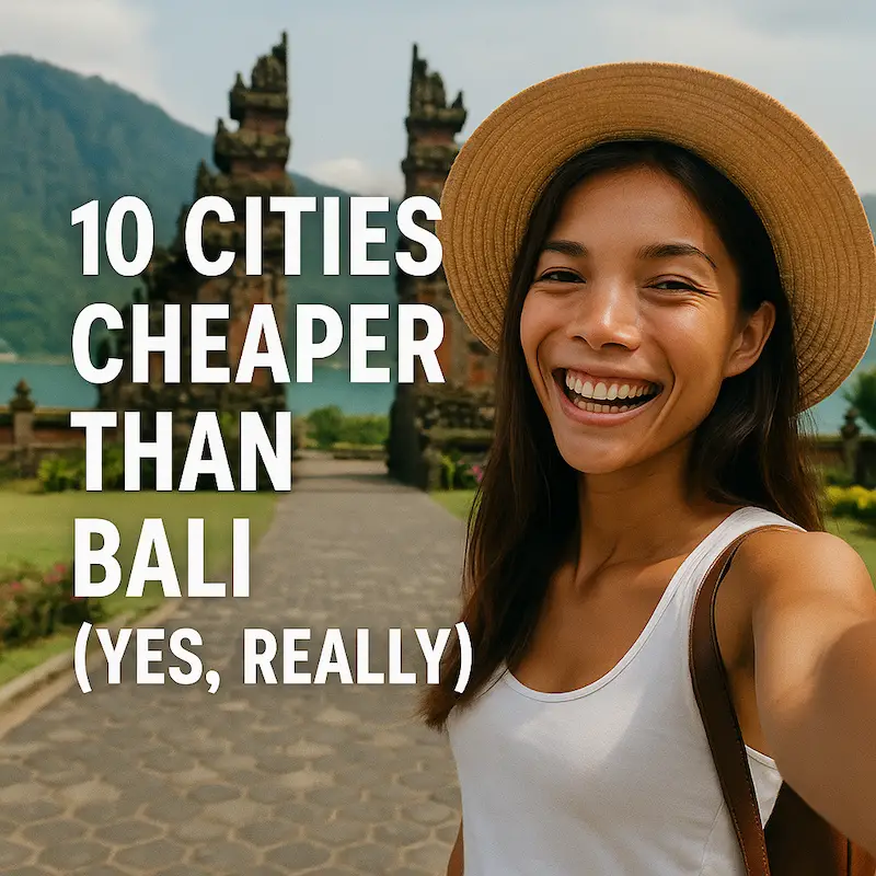 Smiling traveler in a straw hat taking a selfie at Bali’s iconic Candi Bentar gate with mountains and lake behind her