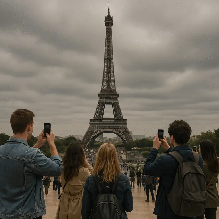 Tourists taking photos of the Eiffel Tower under an overcast sky, hinting at the crowded reality of Paris must-see spots