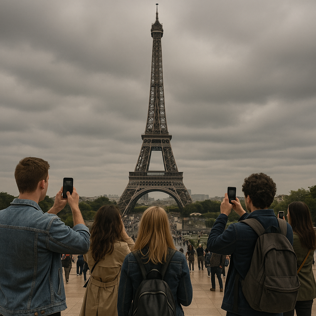 Tourists taking photos of the Eiffel Tower under an overcast sky, hinting at the crowded reality of Paris must-see spots