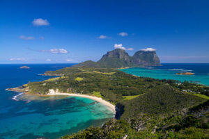 Aerial of Lord Howe Island lagoon and volcanic peaks