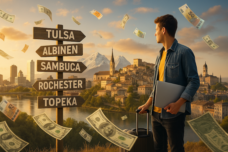 Remote worker with suitcase and laptop looking at a signpost listing Tulsa, Albinen, Sambuca and other cities that pay newcomers, with a composite skyline in the background and money floating through the air