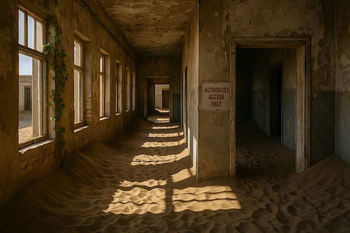 Sunlit sand drifts along the corridor of an abandoned building, ivy creeping through broken windows beside an Authorized Access Only sign