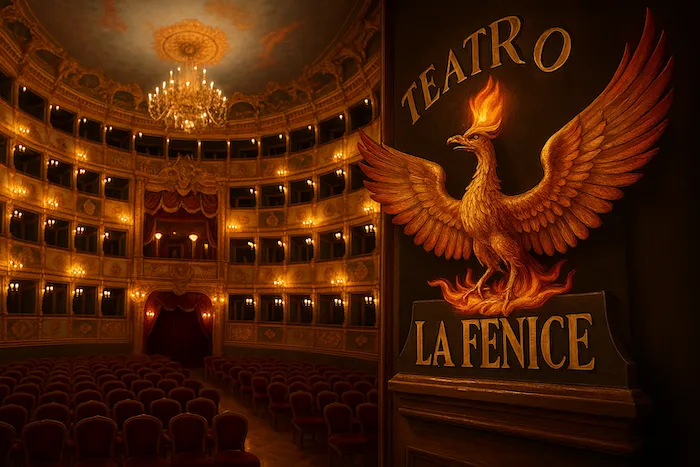 A richly lit interior view of Venice’s Teatro La Fenice, showcasing its gilded balconies, red velvet seating, and a phoenix emblem etched in gold above the stage.