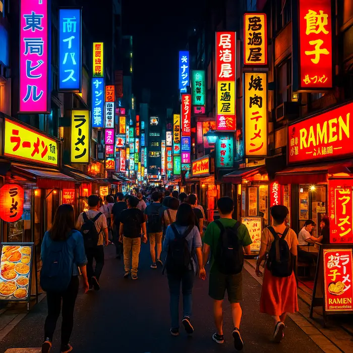 A bustling neon-lit street in Tokyo at night, lined with ramen shops and colorful signs, with travelers strolling under bright lanterns