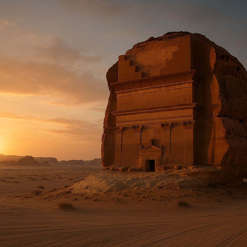 Rock‑cut tomb of Qasr Al‑Farid glowing at sunset in an empty desert—symbolising remote UNESCO heritage sites you can explore alone
