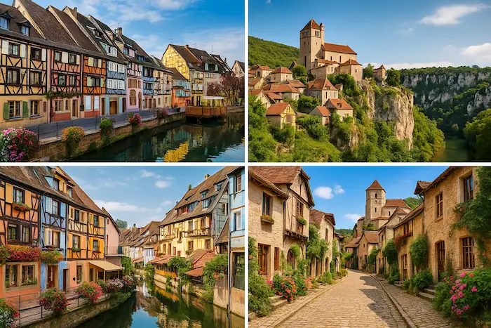 A four‑panel collage: colorful half‑timbered houses and quiet canals in Colmar (left panels) contrasted with the cliff‑top medieval village of Saint‑Cirq‑Lapopie and its cobbled lane (right panels), all under clear summer light.