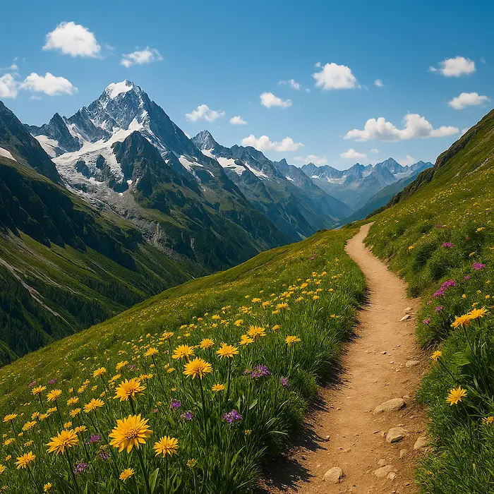 A panoramic alpine trail lined with yellow and purple wildflowers climbs toward snow‑capped peaks under a clear blue sky—a perfect invitation to hike the Alps.