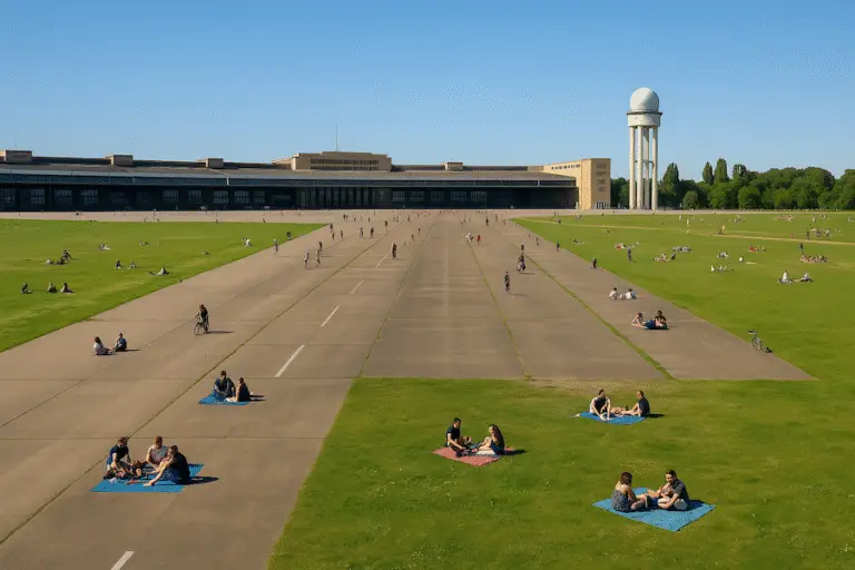 A high-resolution aerial view of a decommissioned airport runway transformed into a vast urban park: cyclists, walkers, and picnickers relax on the tarmac while the historic terminal and control tower stand in the background under a clear blue sky.