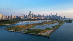 Prairie grass and walking paths on Northerly Island with Chicago skyline behind