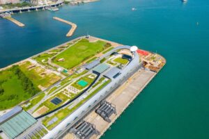 Rooftop garden over the former Kai Tak runway with harbour views