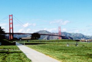 Former airfield Crissy Field with restored marshes and Golden Gate Bridge backdrop