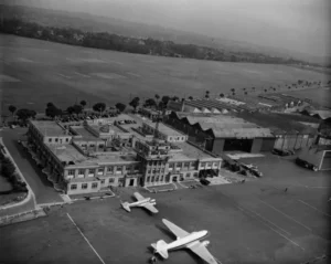Art Deco terminal of former Croydon Airport flanked by playing fields