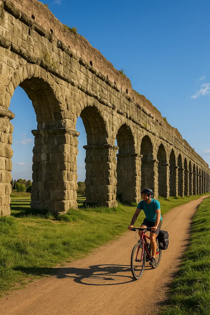 A cyclist pedals along a sunlit dirt path beside a towering Roman aqueduct, its stone arches casting long afternoon shadows across lush green grass under a clear blue sky—an inviting cover for “Ancient Aqueducts Turned Bike Paths.