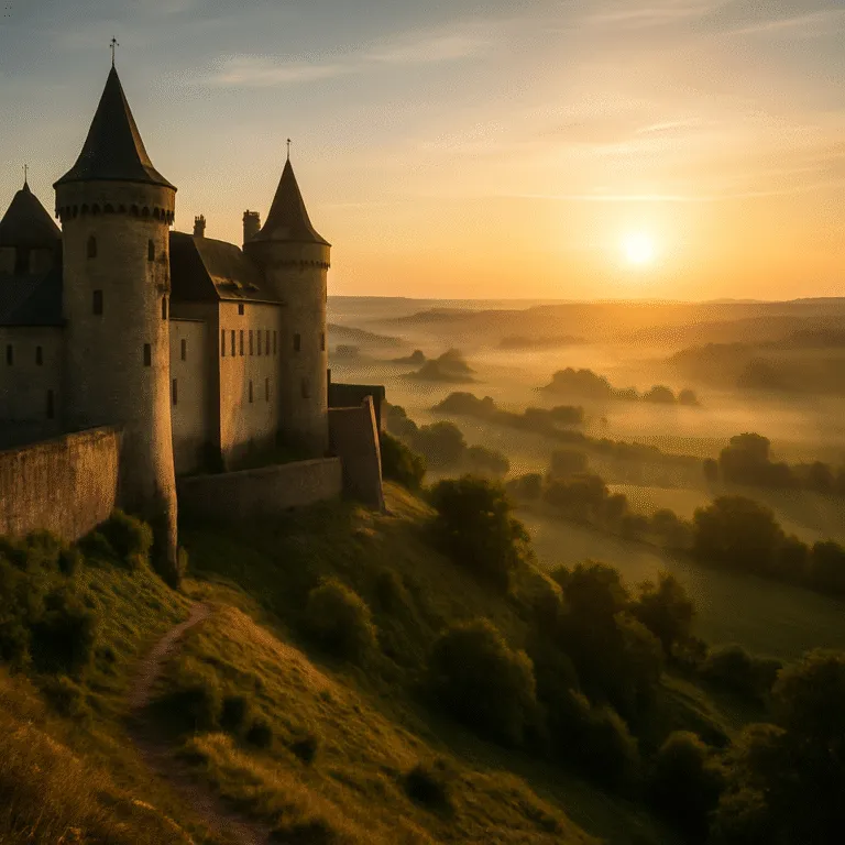 A majestic medieval castle stands alone atop a hill at sunrise, overlooking a mist-filled valley and rolling countryside—an inviting cover image for “Airbnb-Free Europe: 7 Castles Where You’re the Only Guest.