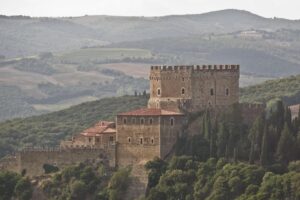 Stone-walled Castello di Ripa d’Orcia perched above the Orcia Valley