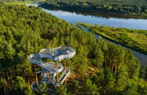 Baltic manor tower overlooking pine forest and sea