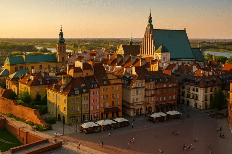 Close-up of Warsaw Old Town Square with brightly painted Renaissance facades and café umbrellas