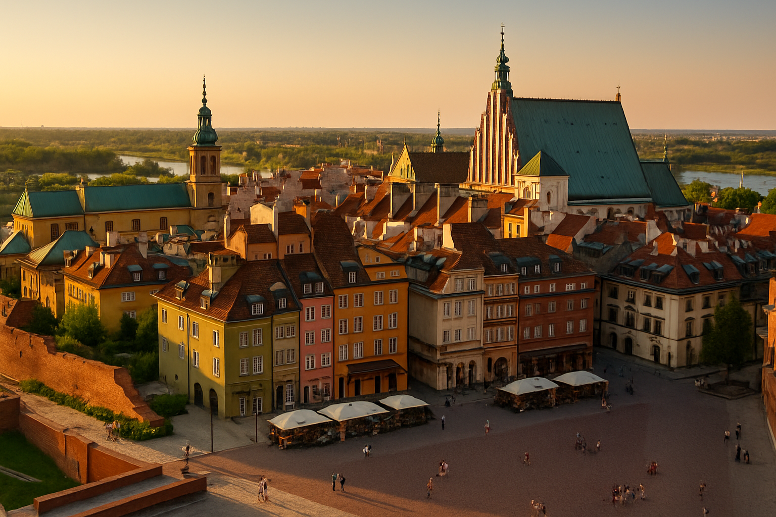 Close-up of Warsaw Old Town Square with brightly painted Renaissance facades and café umbrellas