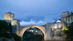 Stari Most’s limestone arch—the centrepiece of Mostar’s rebuilt bazaar—reopened in 2004