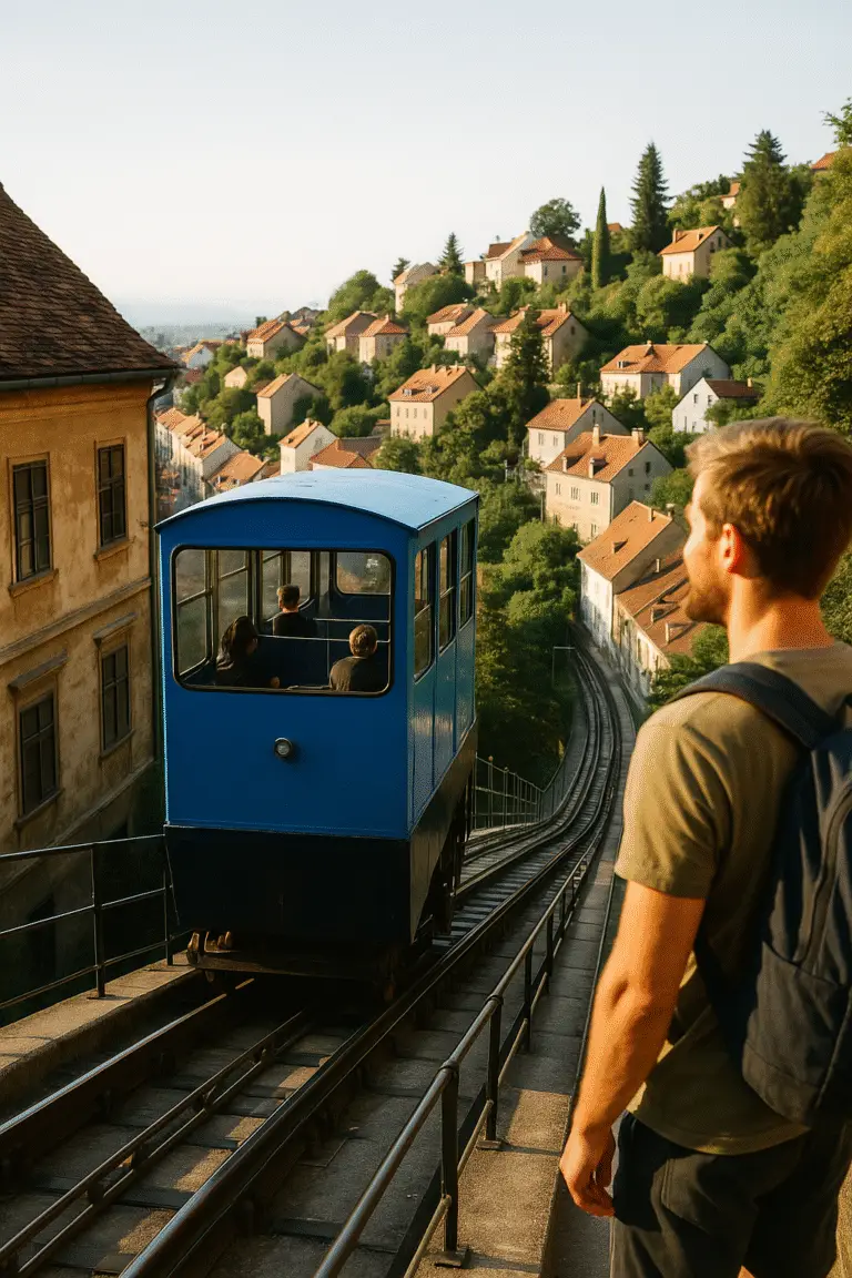 A high-resolution, realistic photograph shows a blue funicular car climbing a steep track toward a sunlit European hillside town; a backpacked traveler stands nearby, watching as the car ascends.