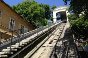 Side-on view showing steep 52 percent gradient of Zagreb funicular track