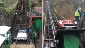 Water-balanced car climbs wooded cliff on Lynton and Lynmouth Railway