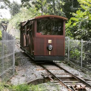 Two yellow funicular cars of Gelida passing vineyards in Catalonia
