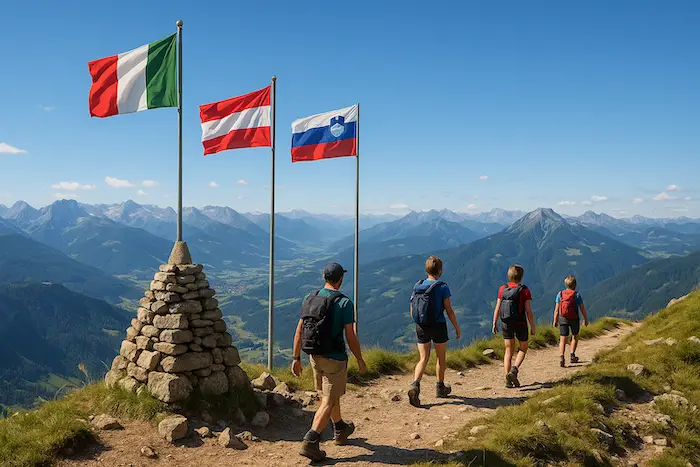 Three hikers follow a mountain ridge toward a stone tripoint cairn topped with the Italian, Austrian, and Slovenian flags, with a panoramic backdrop of alpine valleys and peaks under a clear blue sky —an ideal cover image for “Border Hikes Where You Step Through Three Countries in a Day
