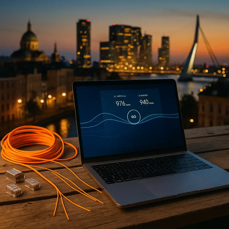 A realistic photo shows a silver laptop on a wooden terrace table at sunset, its screen displaying near-gigabit internet speeds; a bright orange fiber-optic cable and Ethernet connectors lie beside it while a city skyline glows in the background—perfect visual for “Digital Nomad Capitals Nobody Talks About—With 1 Gbps for $10