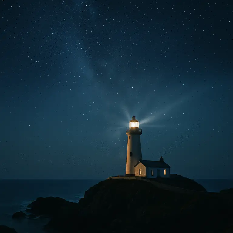 A lighthouse perched on a rocky European coastline casts its beam under a star-filled night sky—perfect visual for “Sleeping in a Lighthouse” article hero image