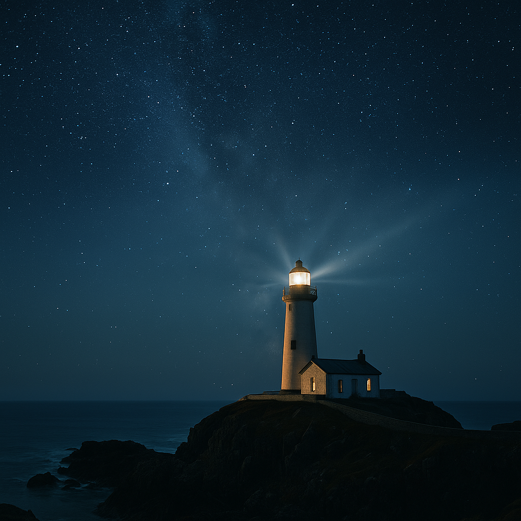 A lighthouse perched on a rocky European coastline casts its beam under a star-filled night sky—perfect visual for “Sleeping in a Lighthouse” article hero image