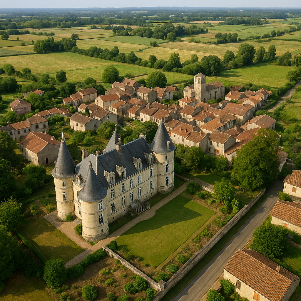 Stone ramparts and half-timbered houses of Noyers overlooking rows of pinot noir vines