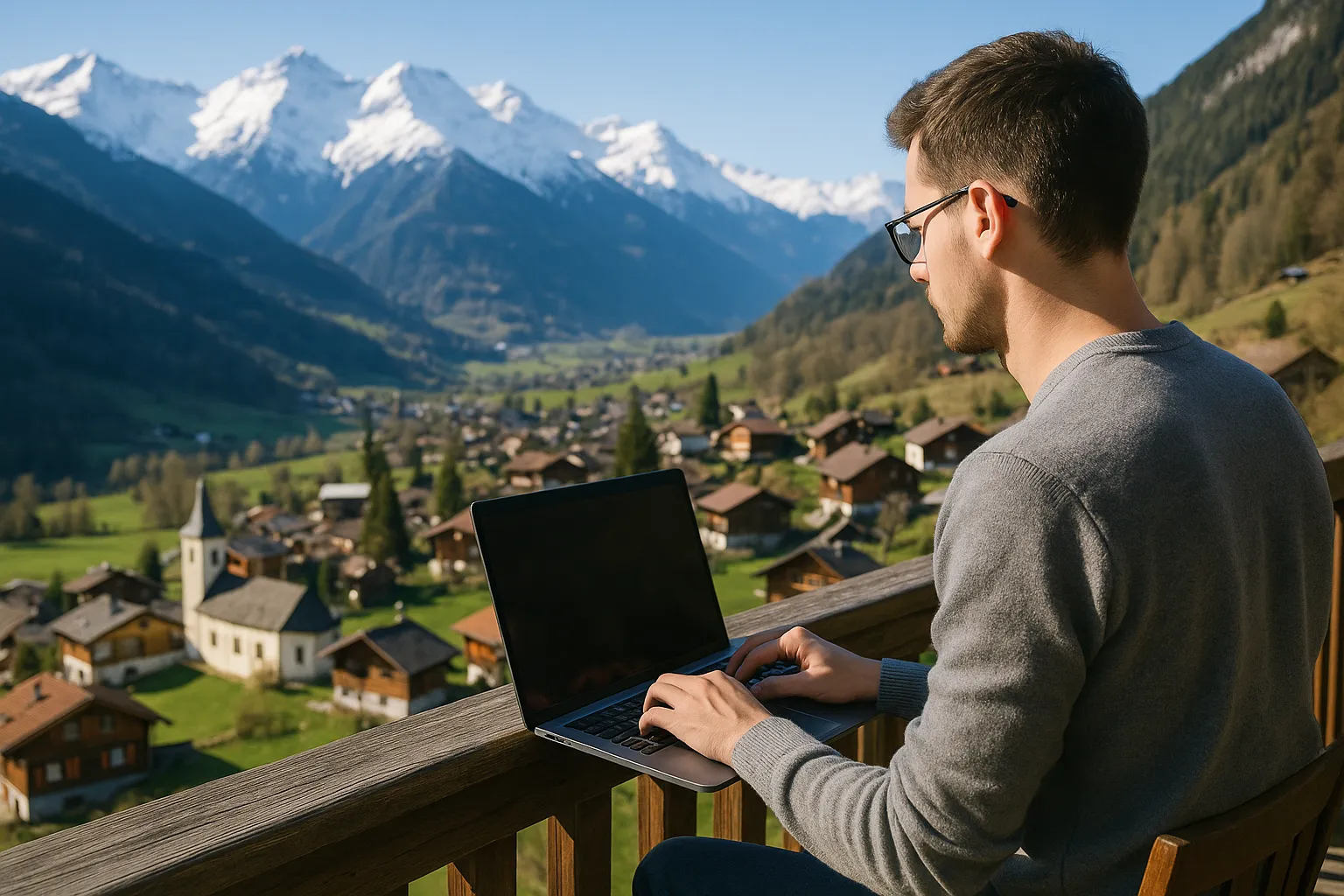 A remote worker on a chalet balcony types on a laptop while overlooking a classic Swiss valley village and snow-capped Alps beneath a clear blue sky.