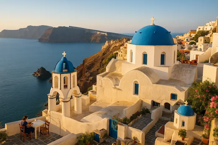 Tranquil Santorini village at golden hour, featuring white-washed houses, blue-domed churches, and caldera cliffs dropping into deep-blue water.