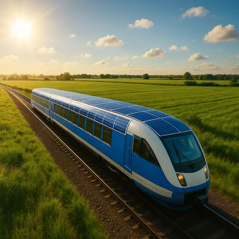 A modern blue solar-powered train streaks through sun-drenched green fields at golden hour, its roof covered in gleaming photovoltaic panels that capture the afternoon light.