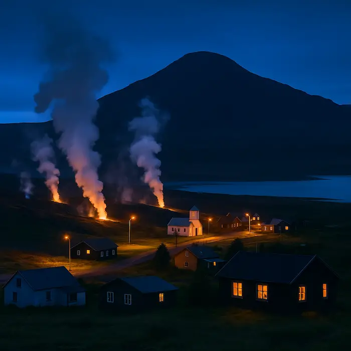 Twilight over an Icelandic geothermal village: small wooden cottages glow with warm light while plumes of steam rise from vents on a grassy hillside beneath a dark volcanic peak and a blue lake.
